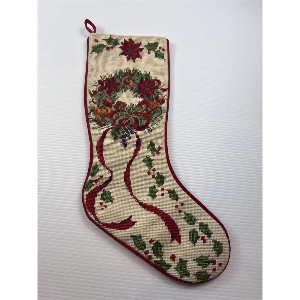 Vintage‎ Needlepoint Christmas Stocking Wreath #2 20"
